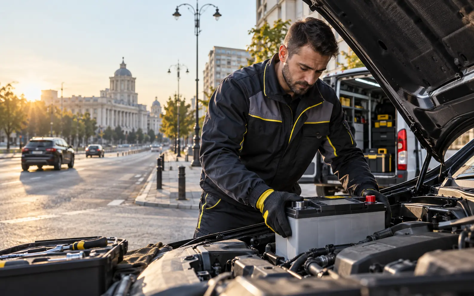 Tehnician care montează o baterie auto la locația clientului în București